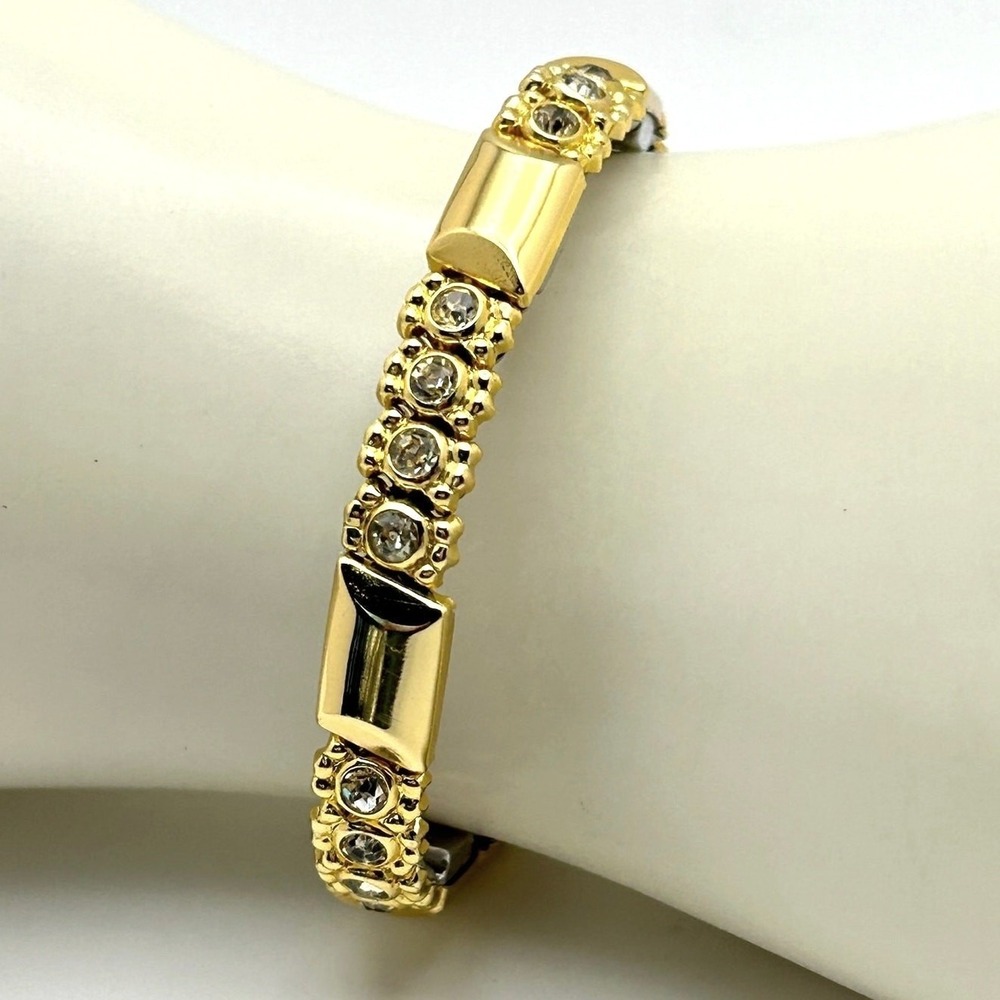 Vintage Gold‎ Tone Stretch Bracelet with Rhinestones Signed Preppy Glam